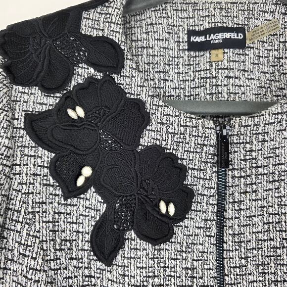 Karl Lagerfeld Paris Tweed Jacket with Contrast Appliques & Pearl Drops, Size 8 - Picture 8 of 12